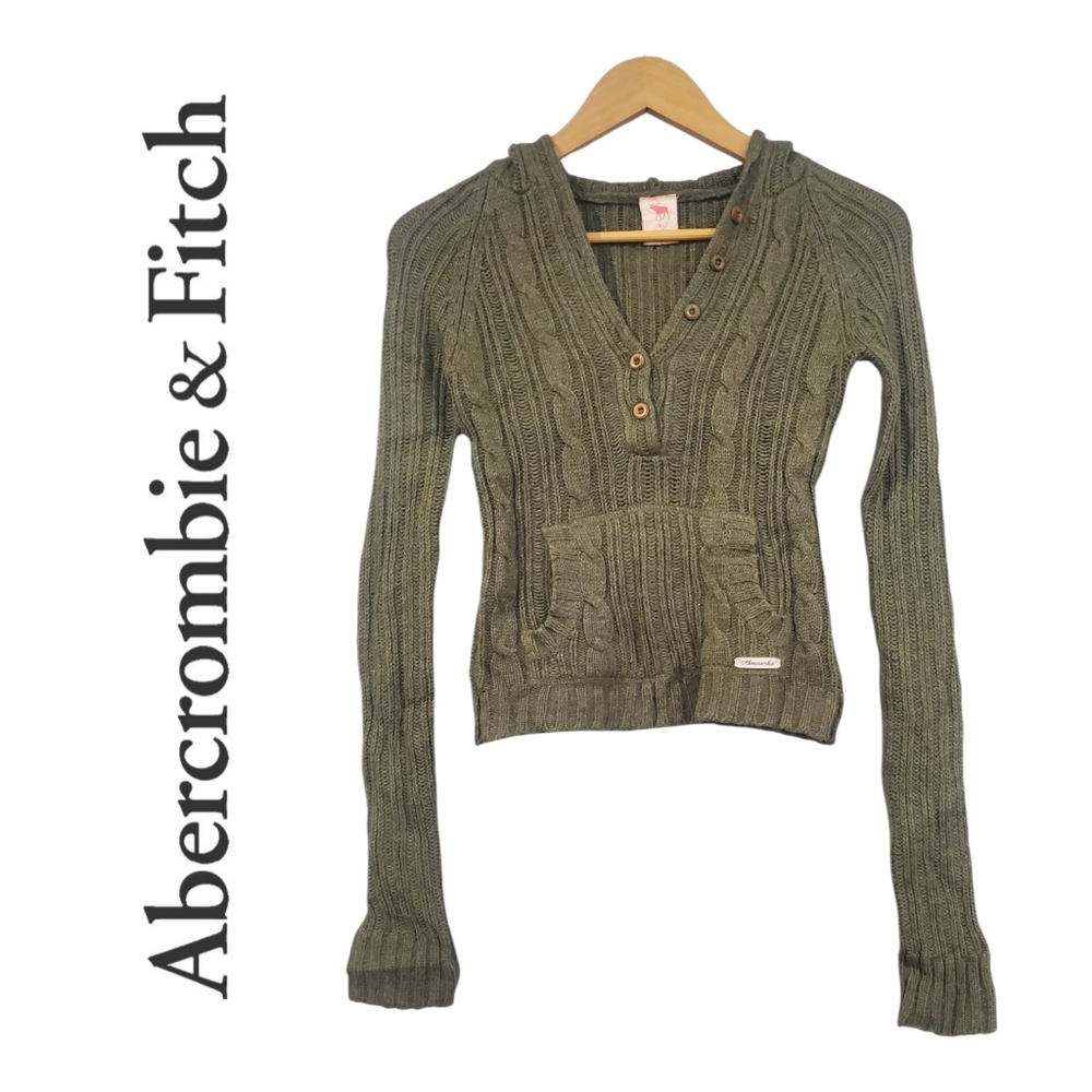 ♡ Y2K ♡ Abercrombie & Fitch Forest Green Chunky Cableknit Hooded Henley Sweater